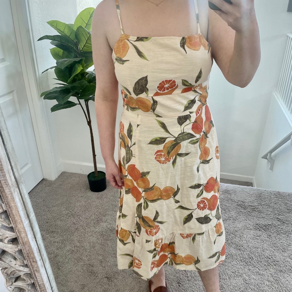 Rose Clemmie Fruit Tie Ruffle Printed Orange Boho Bohemian Cottage Midi Dress